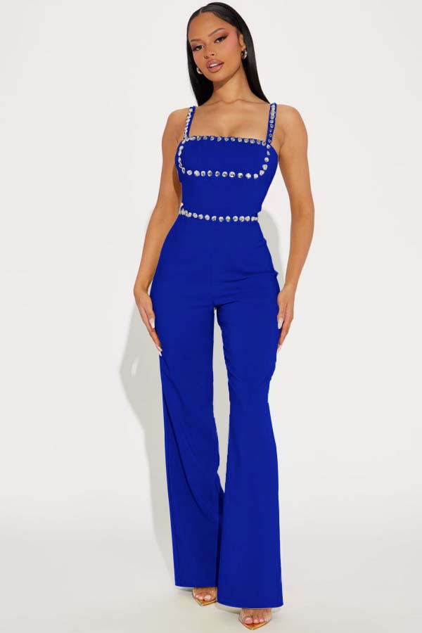 Koscy Fashion Green Square Neck Spaghetti-Straps Slim Fit Jump Suit
