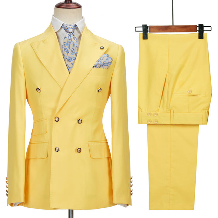 Koscy Fashionable Yellow Double-Breasted Casual Prom Suit with Peaked Lapel for Men