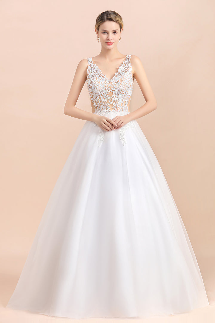 Bmbride Boho Wedding Dress with A-line Straps Tulle Appliques and V-Neck Lace