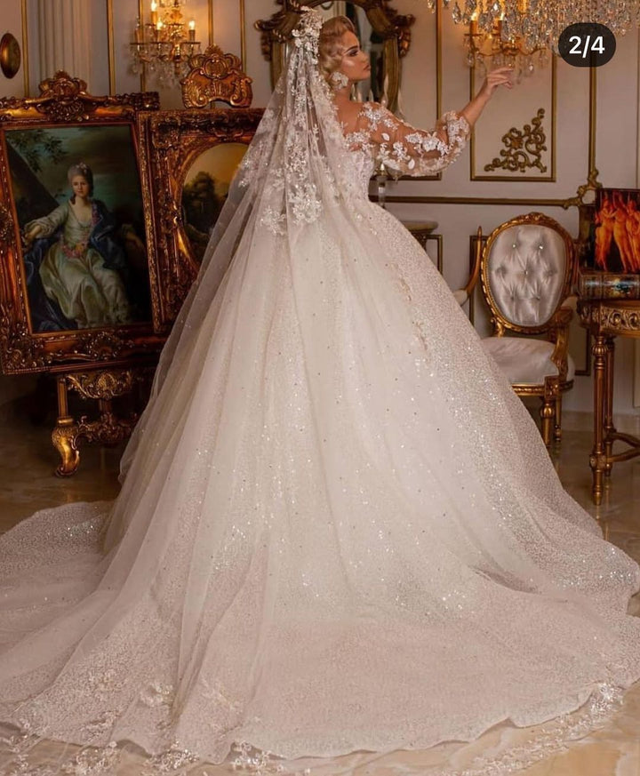 Bmbride Luxury Long Ball Gown Glitter Wedding Dress with Puffy Sleeves