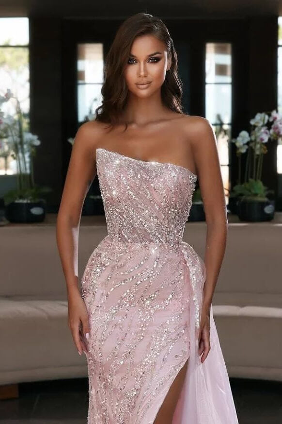 Online Light Pink Strapless Mermaid Sequins Prom Dress Split With Ruffles
