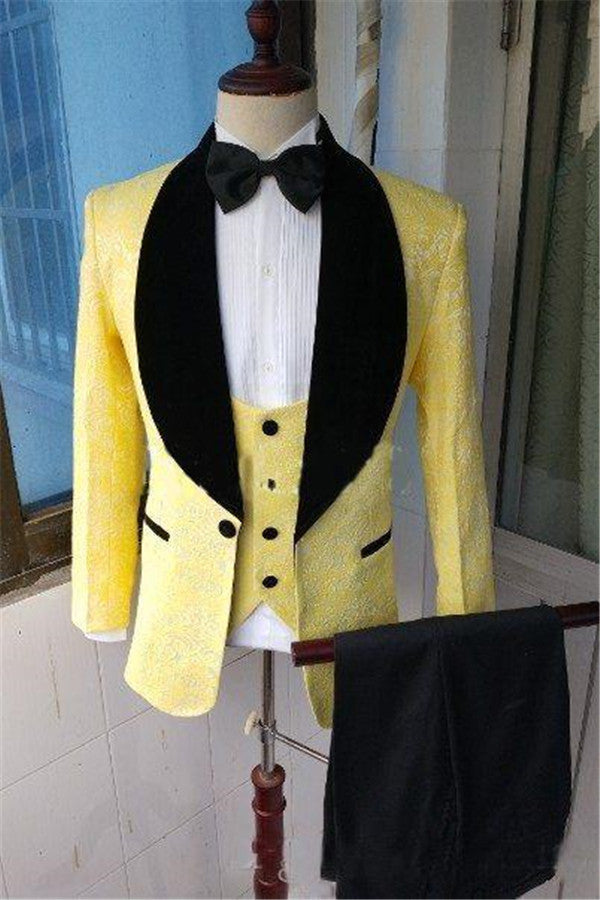 Koscy Fashionable Yellow Jacquard Shawl Lapel Blazer for Formal Wedding