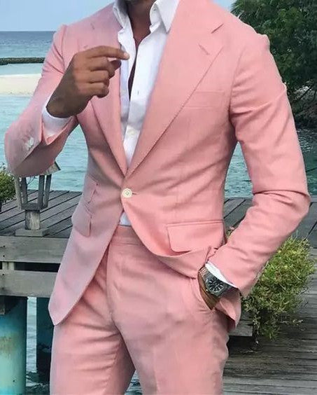 Koscy Pink Linen Formal Slim Fit Prom Tuxedo for Men - Notched Lapel