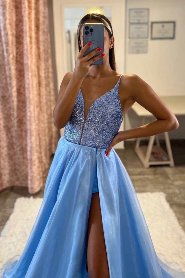 Elegant Blue Lace-Up V-Neck Spaghetti Strap Long Prom Dress featuring a Stylish Slit