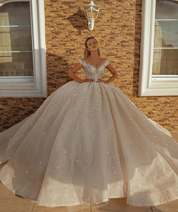 Bmbride Off Shoulder Crystal Sequins Long Ball Gown Wedding Dresses