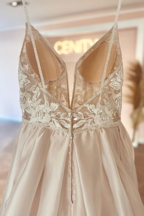 Bmbride Beautiful Long A-line V-neck Satin Lace Backless Bridal Gowns