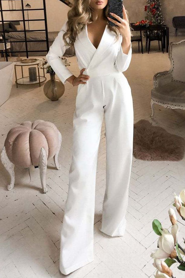 Koscy Elegant White Long V-Neck Daily Jump Suit With Sleeves