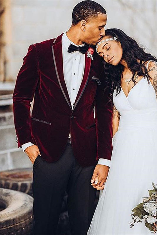 Koscy Elegant Burgundy Velvet One-Button Notched Lapel Wedding Suit for Men’s Parties