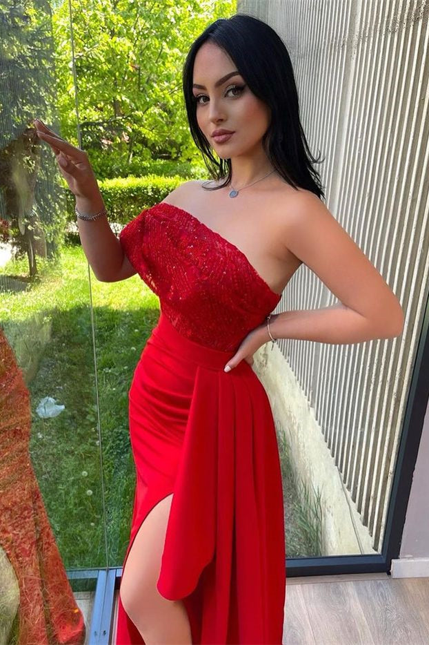One Shoulder Red Sequins Strapless Mermaid Prom Dress with Split and Lace Appliques