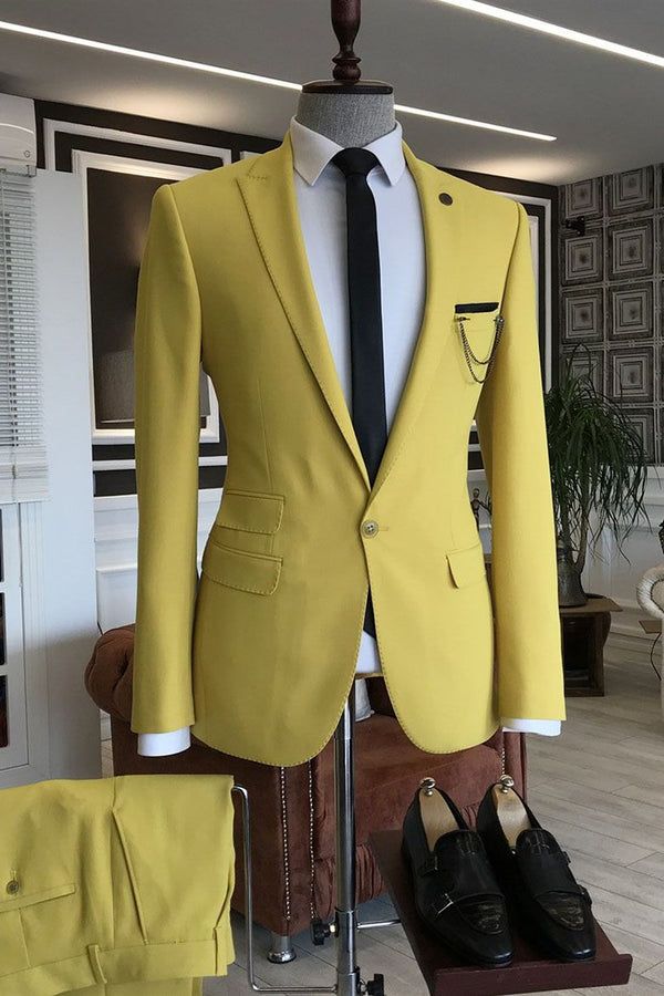 Koscy Formal Yellow Three Flap Groom Suit with Peaked Lapel and One Button New