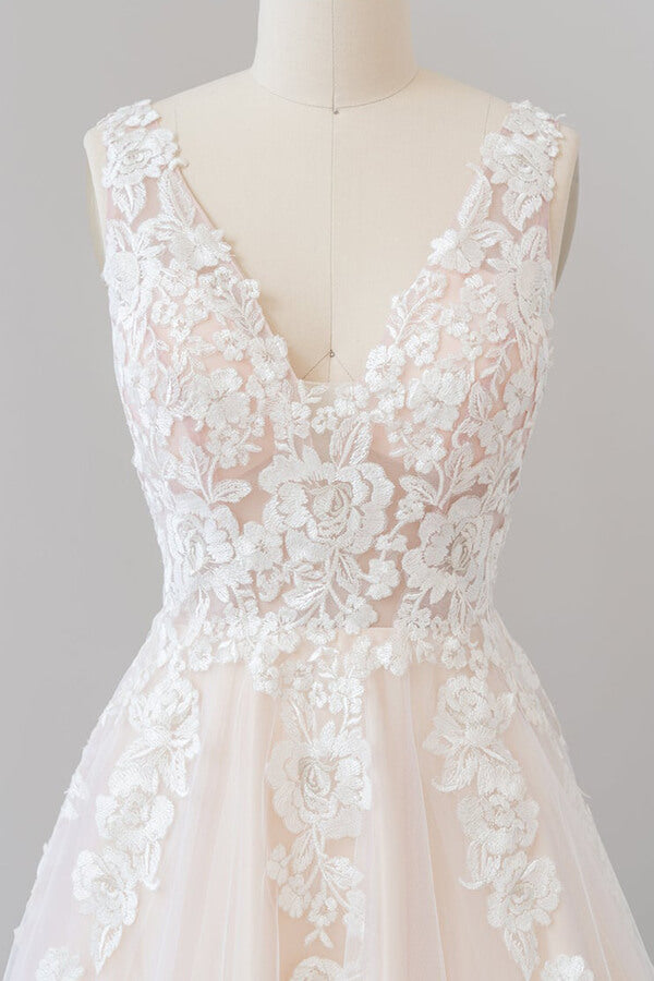 Bmbride Floor length Wedding Dress with V-neck Appliques in Tulle