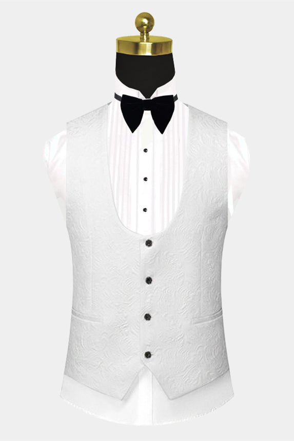 Koscy Gentle White Jacquard Wedding Suit with Black Satin Lapel for Men 2024
