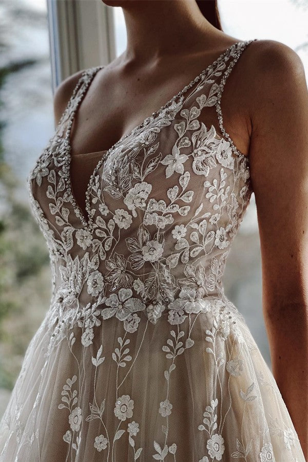 Bmbride Elegant Long A-line V-neck Tulle Lace Backless Bridal Gowns