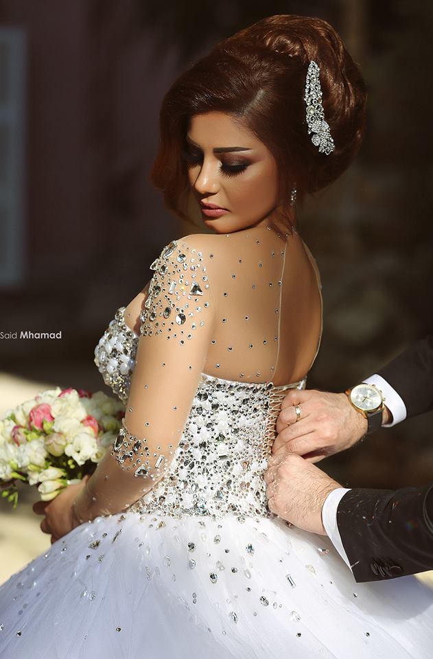 Bmbride Ball Gown Wedding Dress with Long Sleeves Crystals and Beading