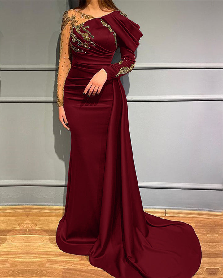 Mermaid Evening Dress: Dark Green Long Sleeves Beads Appliques