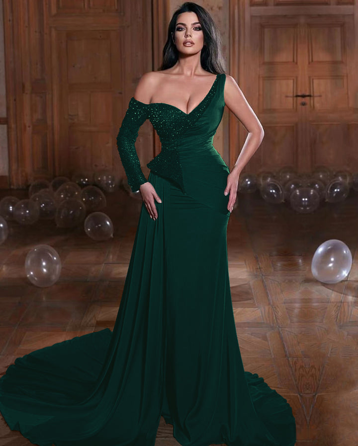 Dark Green One Shoulder Mermaid Evening Dress with Long Sleeves and Ruffles