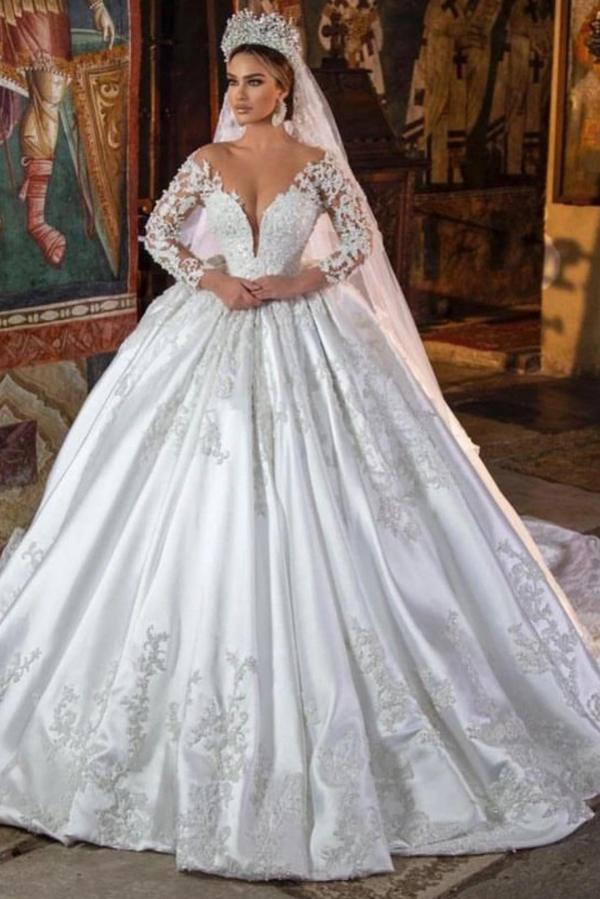 Bmbride Ball Gown V-neck Wedding Dress with Pockets and Long Sleeves in Gorgeous 3D Floral Lace