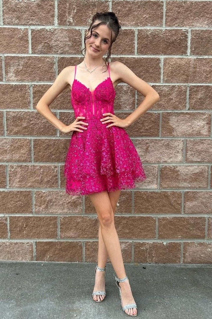 Koscy Hot Pink A-Line Sequin Lace Short Homecoming Dresses