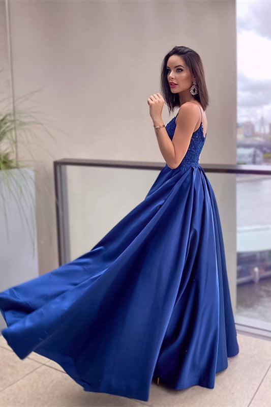 Royal Blue Prom Dress with Lace Appliques and Pockets