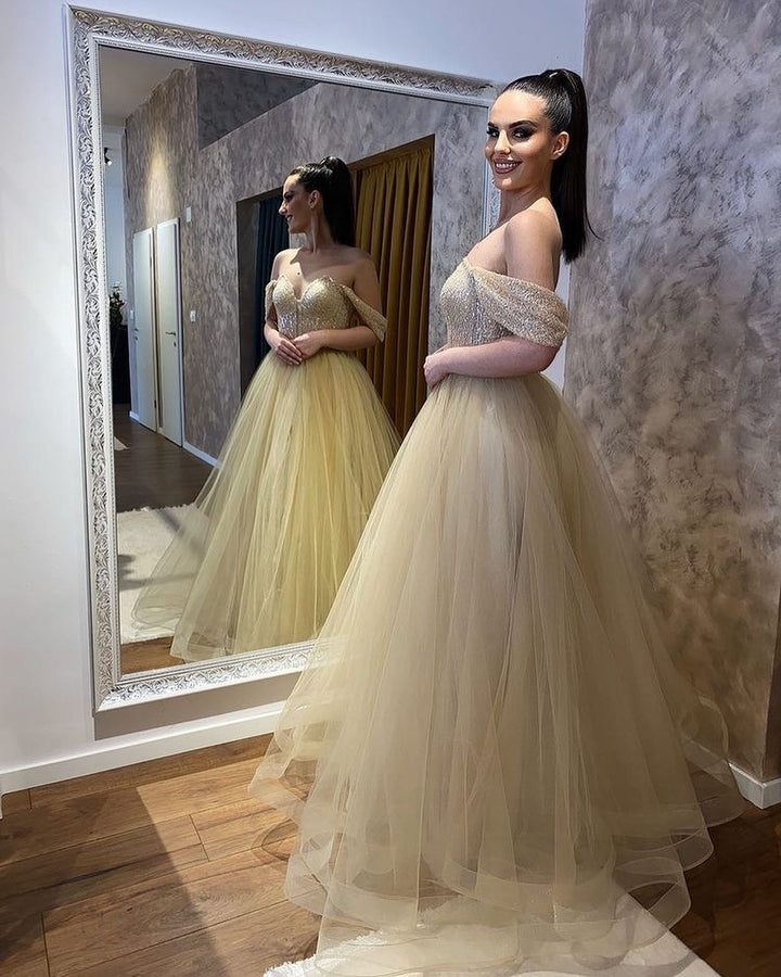 Bmbride Sweetheart Off-the-shoulder Beading A-Line Tulle Ruffles Wedding Dress