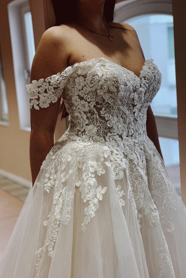 Bmbride Off the Shoulder Lace-up Tulle Lace Boho Long A-line Wedding Dress