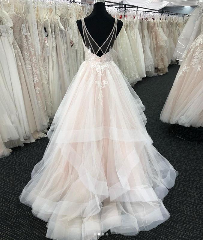 Bmbride Long Layered Wedding Dress with Tulle V Neck and Open Back