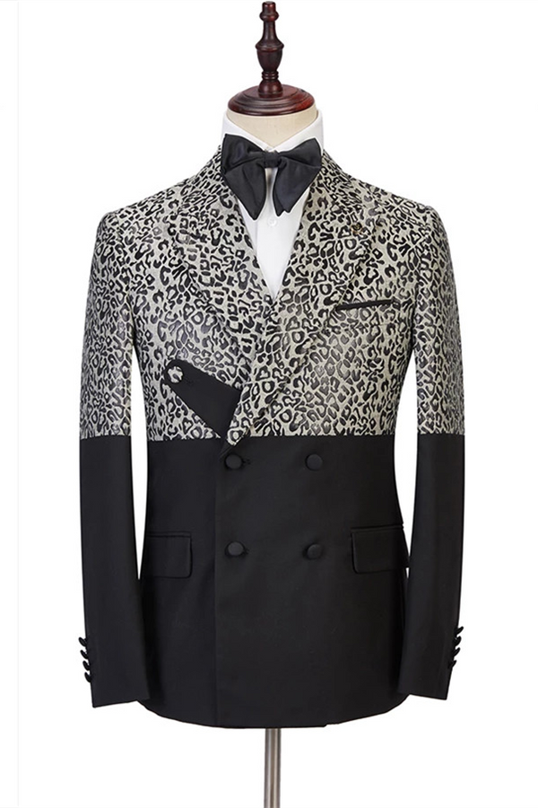 Koscy Stylish Black Leopard Print Double-Breasted Outfit for Men