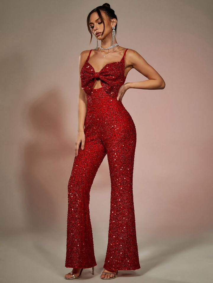 Koscy Fashion Red Sequins Bow Neck Party Jump Suit