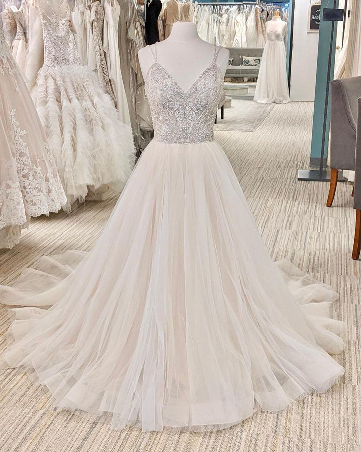 Bmbride Gorgeous Long A-line V-neck Glitter Backless Wedding Dress