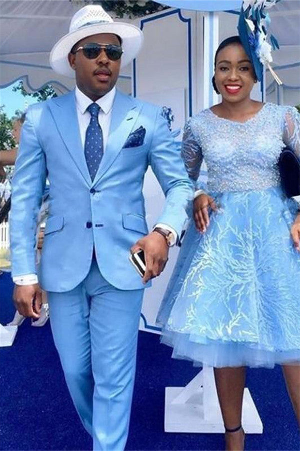 Koscy Stylish Two-Piece Slim Fit Blue Prom Attire for Guys 2024 with Peaked Lapel