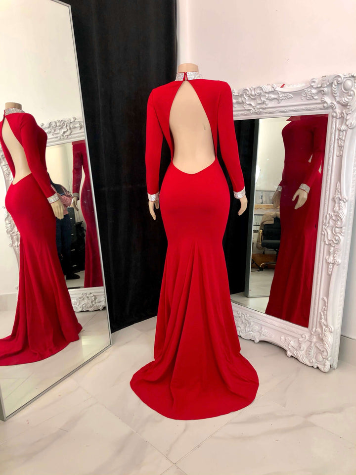 Red Long Sleeve Open Back Mermaid Prom Dress