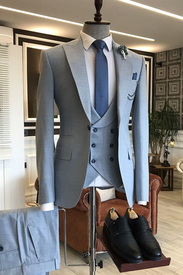 Koscy Simple Double-Breasted Blue Bespoke Suit with Three Pieces