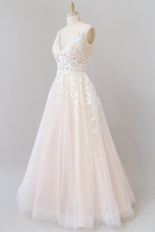 Bmbride Floor length Wedding Dress with V-neck Appliques in Tulle