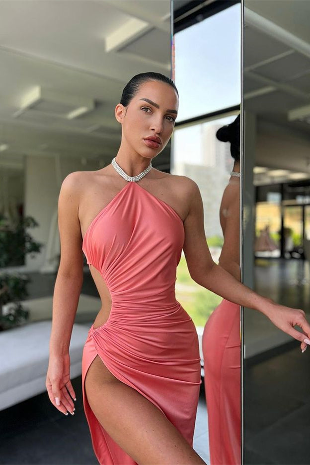 Online Pink Halter Sleeveless Mermaid Prom Dress Long Split