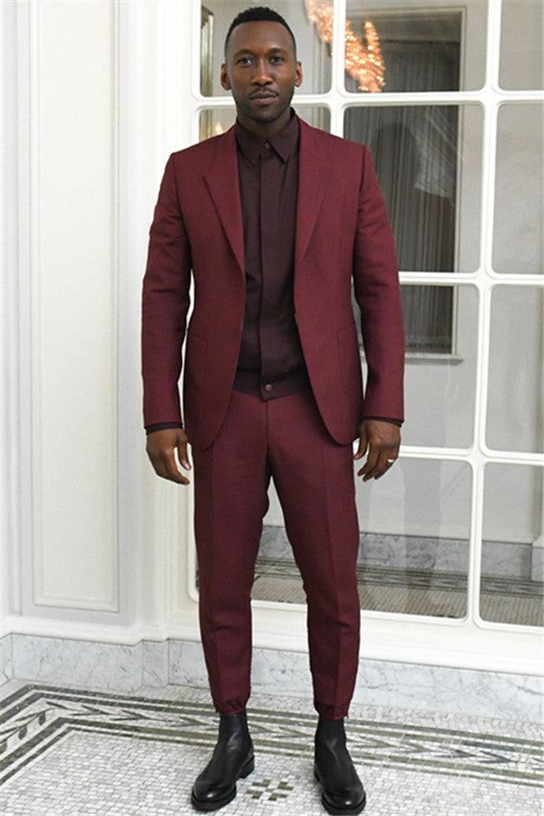 Koscy New Burgundy Two-Piece Designer Wedding Suit with Peaked Lapel for Men