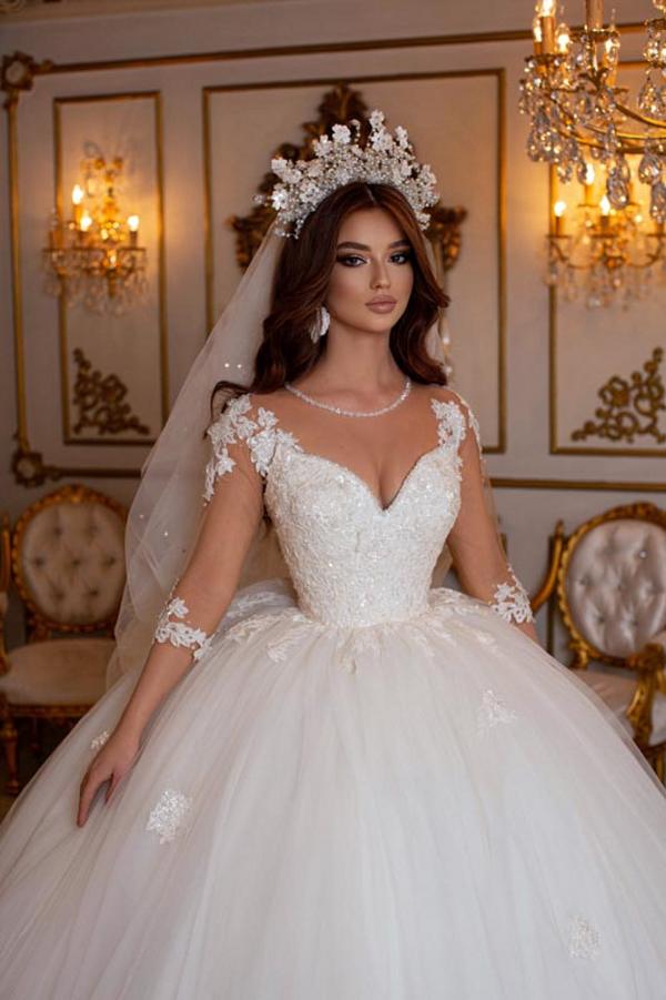 Bmbride Ball Gown Sweetheart Tulle Lace Open Back Wedding Dresses with Sleeves