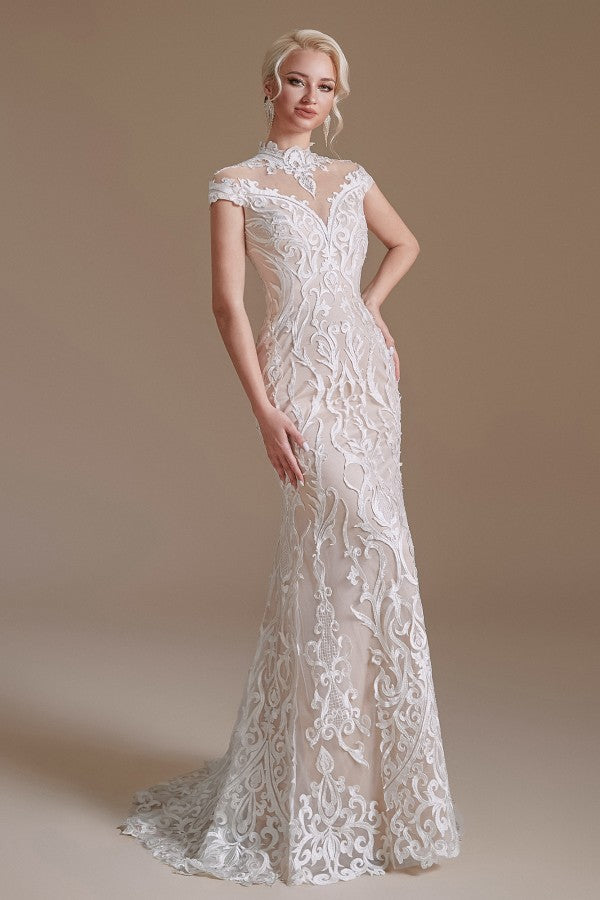 Bmbride Long Sleeve Vintage Lace High-neck Mermaid Wedding Dress