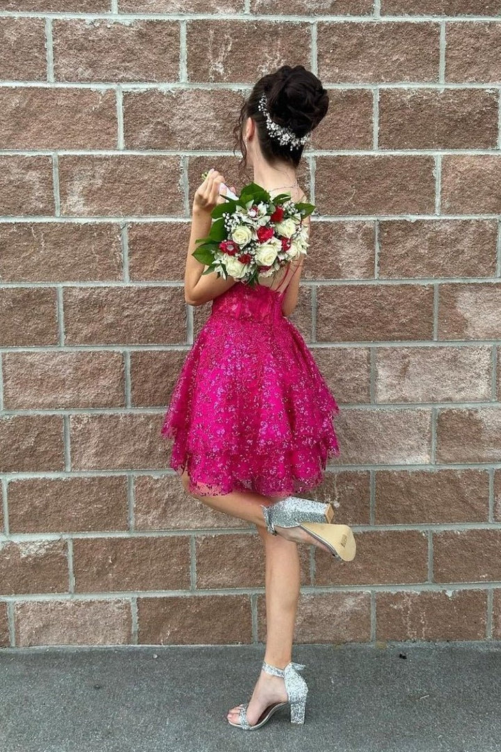 Koscy Hot Pink A-Line Sequin Lace Short Homecoming Dresses