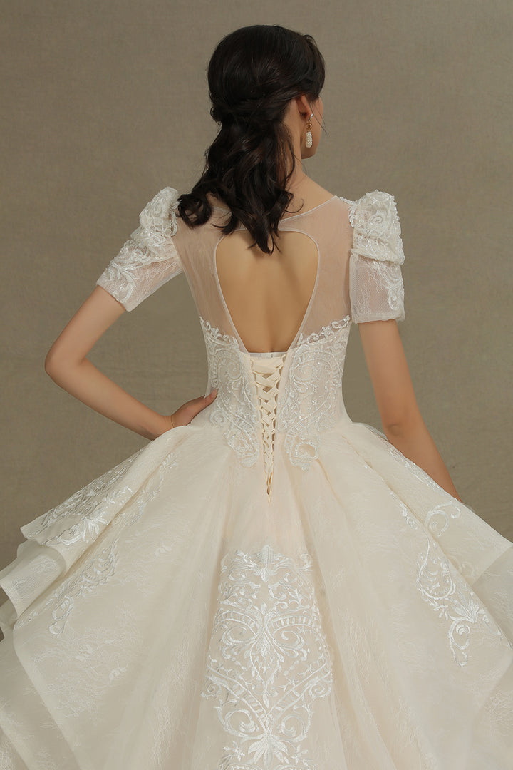 Bmbride Short Sleeve Garden Bridal Gown Sweetheart Luxury Wedding Dresses with Sweep Train