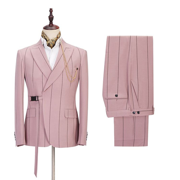 Koscy New Arrival Pink Slim Fit Groom Suit with Striped Peaked Lapel