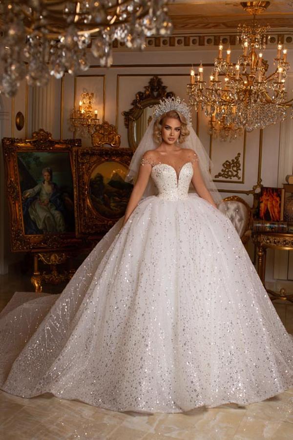 Bmbride Sweetheart Off Shoulder Floor Length Lace Ball Gown Wedding Dress with Appliques