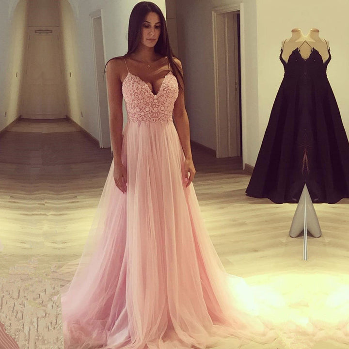 Pink Tulle Lace Prom Dress with Spaghetti-Straps