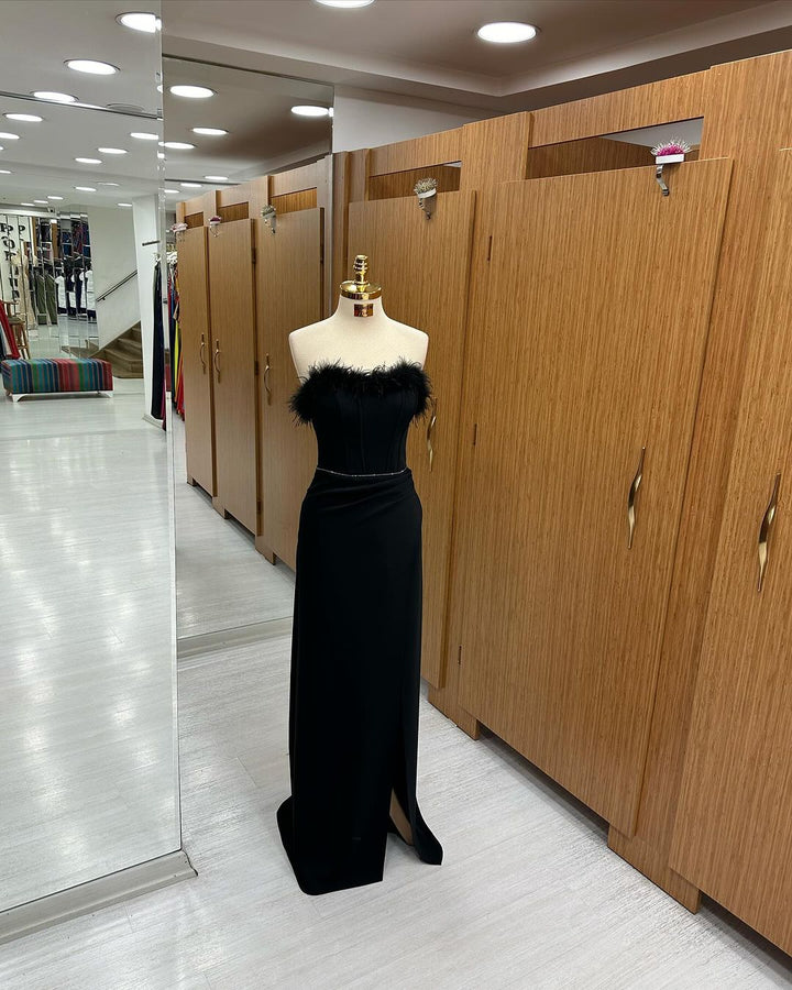 Long Black Feather Sequins Sleeveless Strapless Mermaid Prom Dress