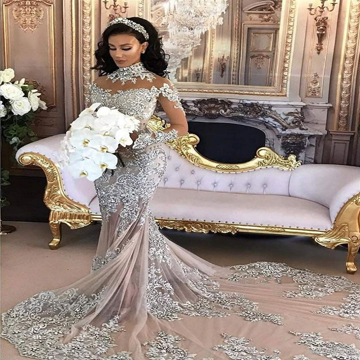 Bmbride Luxury Wedding Dresses - High Neck Long Sleeve Silver Lace Mermaid