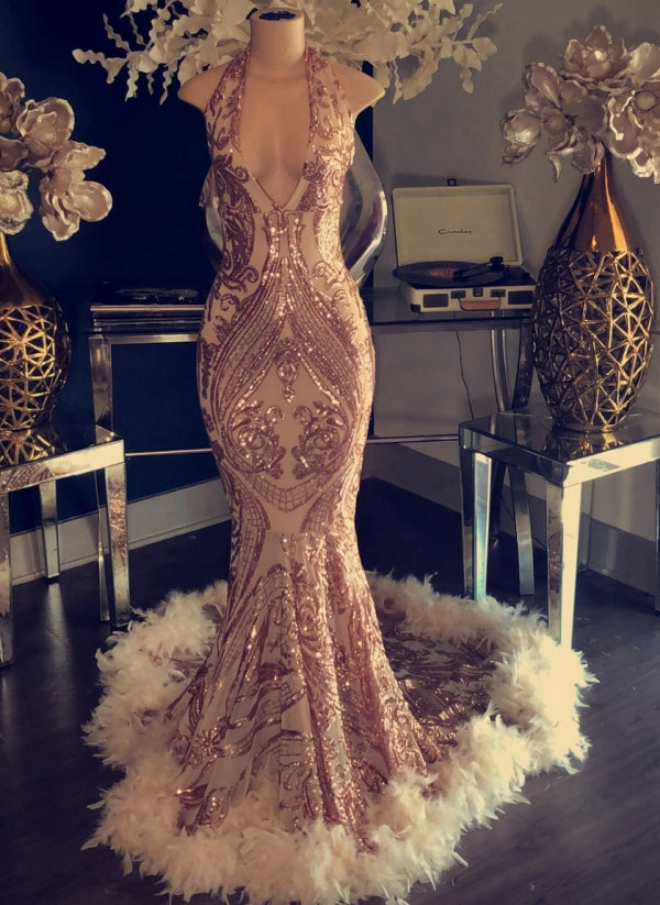 Feather Halter Sequins Mermaid Prom Dress Open Back