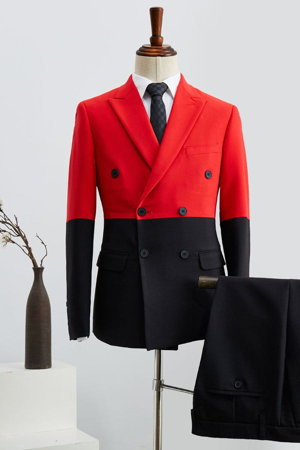 Koscy Glamorous Black and Red Stitching Double Breasted Suit for Men Gentle with Peaked Lapel