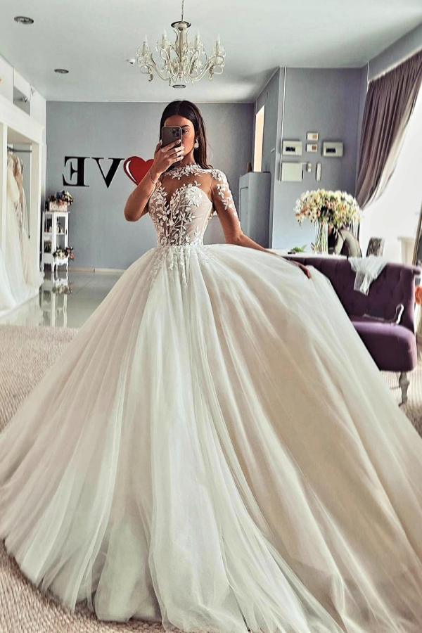 Bmbride Jewel Long Sleeves Floor Length A-Line Lace Wedding Dress with Appliques