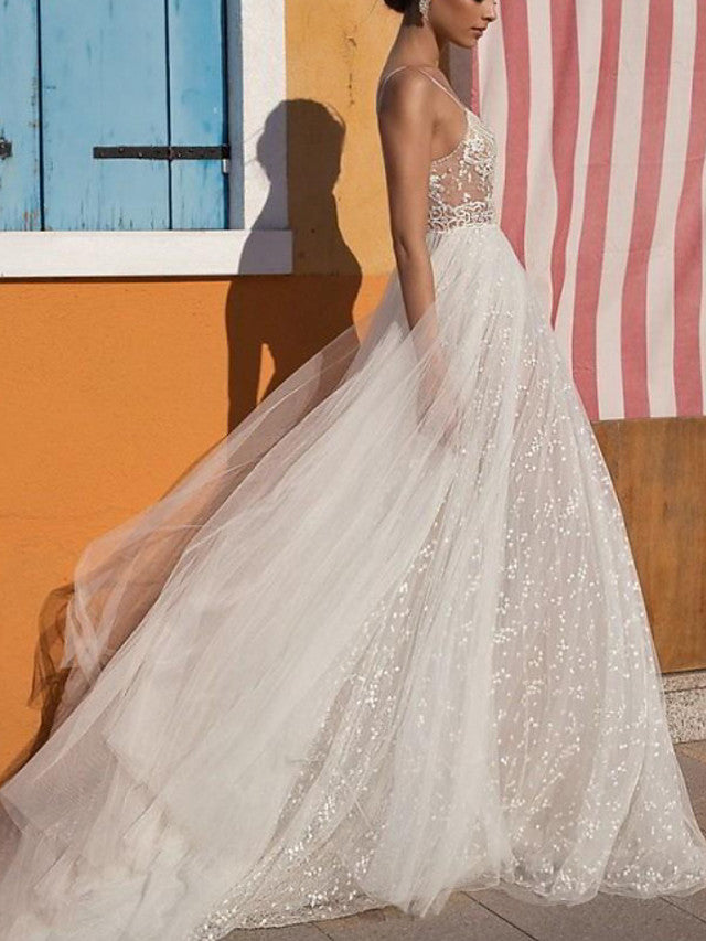 Bmbride Casual Boho Plus Size A-Line Wedding Dresses with V Neck Sleeveless Floor Length Tulle