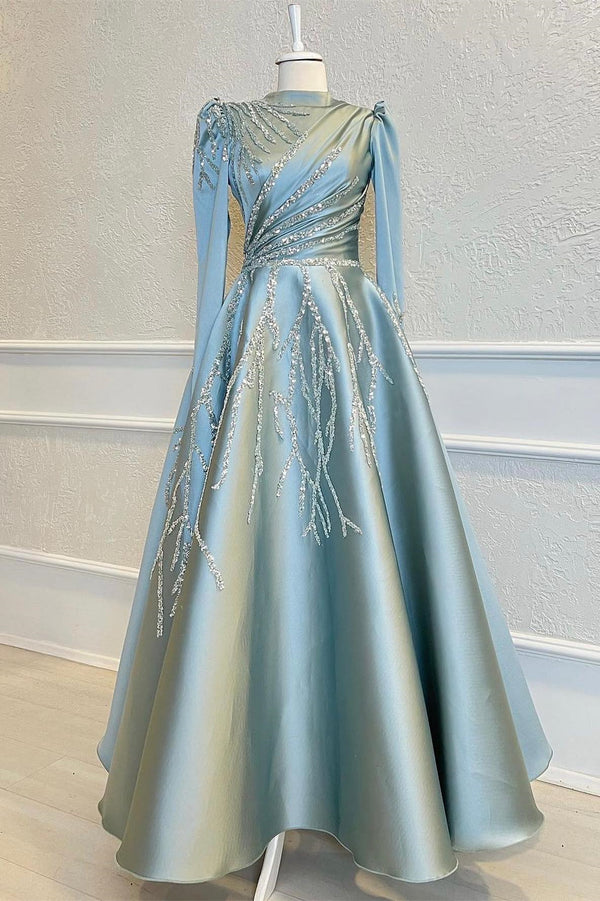 A-Line Beads Prom Dress With Pleated Appliques High Collar Long Sleeves