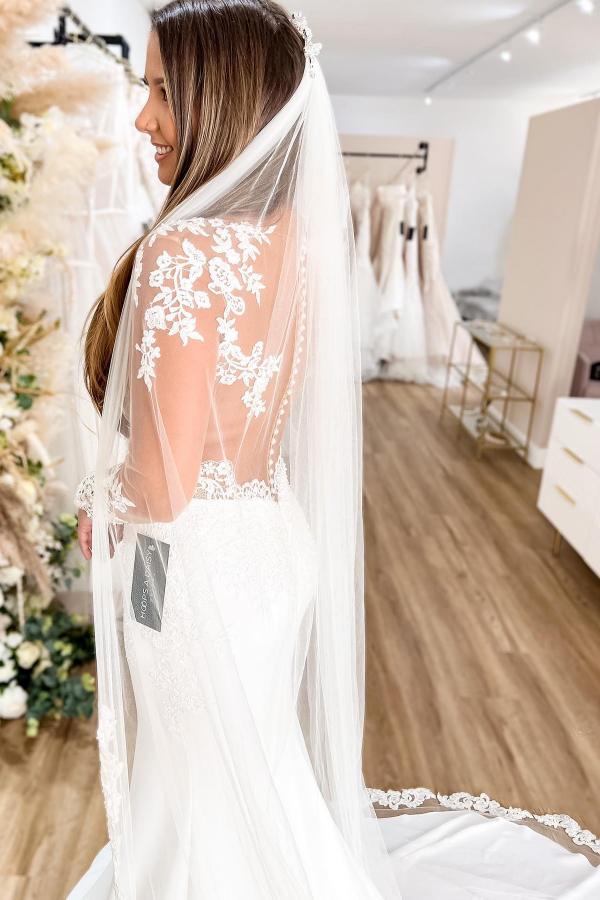 Bmbride White Floral Lace Mermaid Wedding Dress with Sweetheart Neckline and Tulle Back